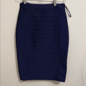 Blue Ribbed Knee-Length Pencil Skirt